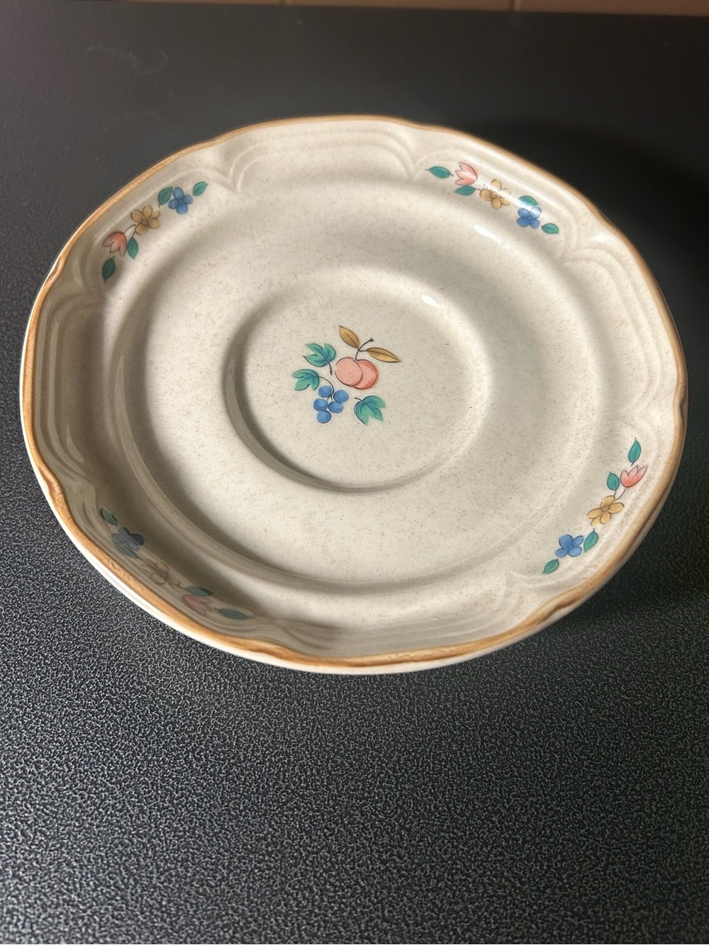 Cream Ceramic Saucer with Peach Blossom & Blue Floral Accents